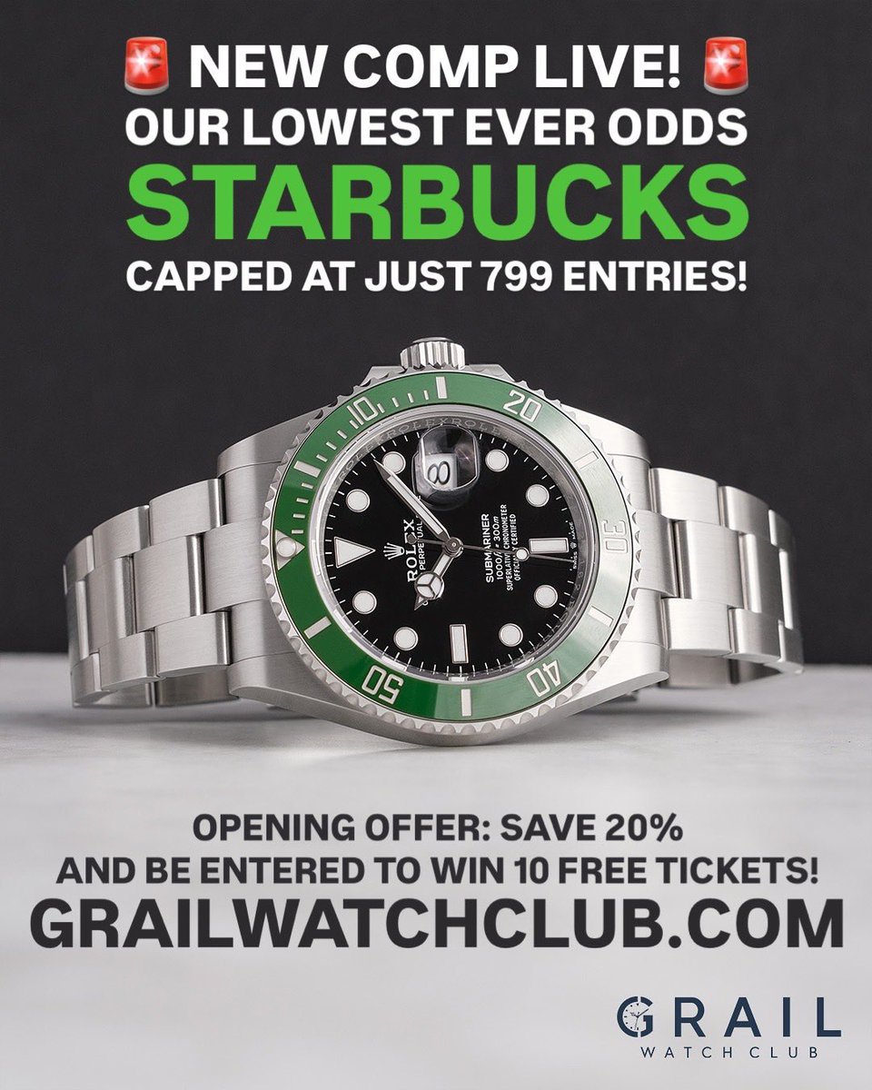 💚 Use code EARLY20 before 8pm tomorrow (Thursday) to save 20% and be entered to WIN 10 FREE TICKETS!

CAPPED AT JUST 799 ENTRIES!

Rolex Submariner “Starbucks” (126610LV) - Unworn full set dated June 2025 - Current Market Value c.£12,500!

ENTER NOW at grailwatchclub.com
