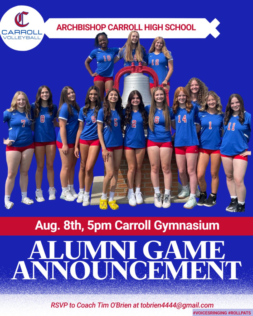 Carroll Volleyball Alumni we will be hosting an alumni game this year!  We want to celebrate all of the athletes who have paved the way for this program! This will take place on Aug. 8th at 5pm in the Carroll Gymnasium. RSVP to Coach Tim!

<a href="/carrollpatriots/">Archbishop Carroll High School</a> @carrollathdept