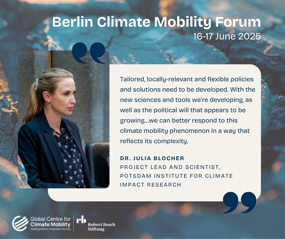 At the Berlin Climate Mobility Forum, Dr. Julia Blocher highlighted core research tenets that reflect trends in #climatemobility. Locally-led solutions &amp; policies can ensure more positive adaptation journeys for those at the forefront of the climate crisis.
#BCMF2025