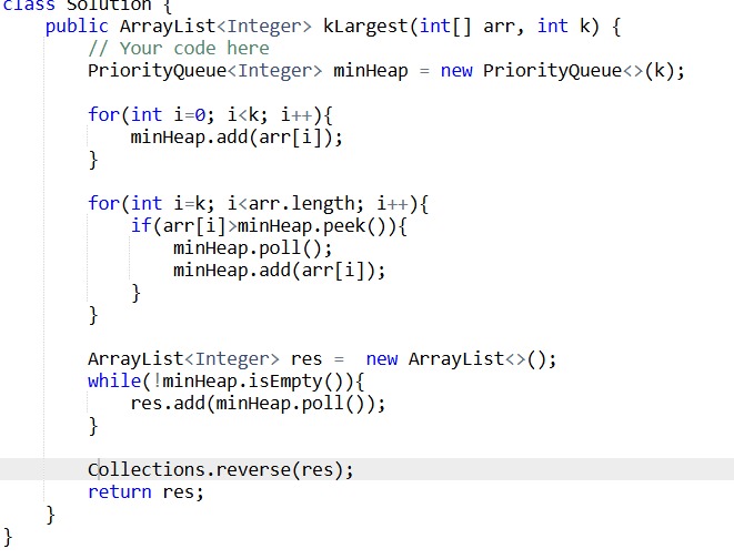 _aditya149_'s tweet photo. Day 95 of #gfg160 days of problem solving @geeksforgeeks 

Today's problem: K largest elements 

Time complexity: O(n*log k)
Space complexity: O(k)

#geekstreak2025
#gfg #geeksforgeeks #coding #CodingChallenge #java #potd #dsa #problemsolving https://t.co/z3txLPrykV