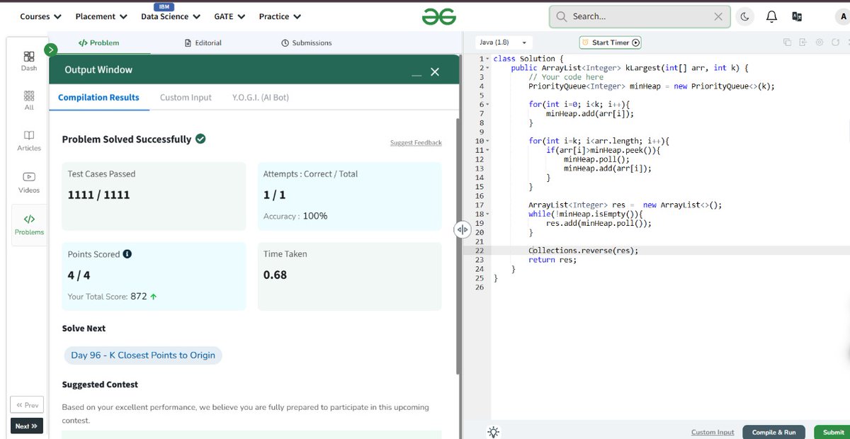 _aditya149_'s tweet photo. Day 95 of #gfg160 days of problem solving @geeksforgeeks 

Today's problem: K largest elements 

Time complexity: O(n*log k)
Space complexity: O(k)

#geekstreak2025
#gfg #geeksforgeeks #coding #CodingChallenge #java #potd #dsa #problemsolving https://t.co/z3txLPrykV