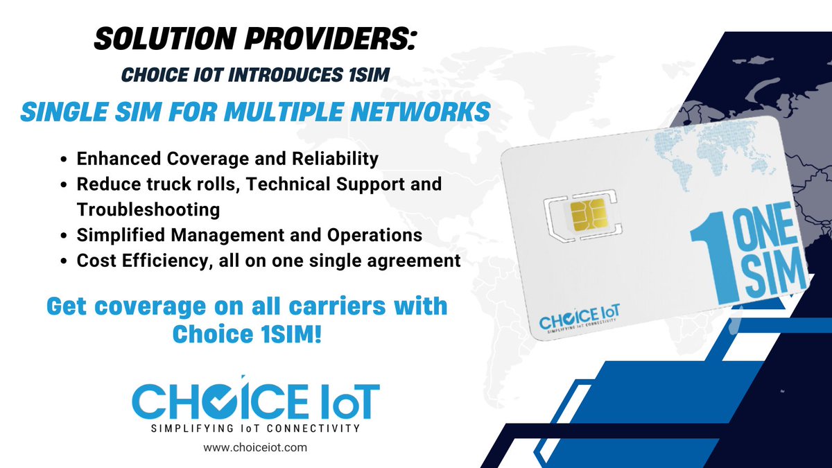 ChoiceIoT's tweet photo. Solution Providers:@ChoiceIoT now offers the multi-carrier SIM!
Get coverage on all carriers on a single SIM.
Learn more at https://t.co/C24jSZxKak
#IoT #iotconnectivity #verizon #att #tmobile #1SIM #multicarriersim #5G #iotsim #choiceiot https://t.co/BracveoYdx