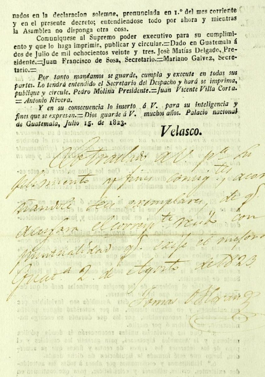 Guatemala, 2 de julio 1823.

El Congreso General que firmó la independencia absoluta se transformó en Asamblea Nacional Constituyente y declaró la división de poderes en Ejecutivo, Legislativo y Judicial. Estableció la Católica como única religión de Centroamérica.