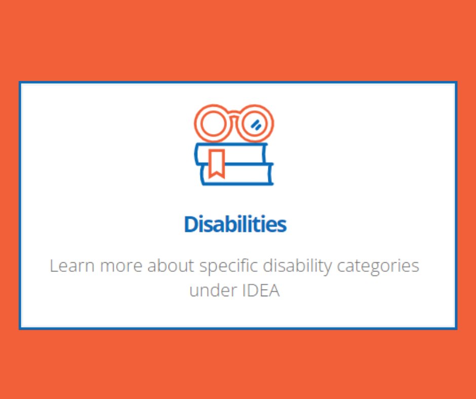 SPEDTex has information about each of the 13 disability categories recognized under the Individuals with Disabilities Education Act (IDEA).  Click here to learn more: spedtex.org/resources/disa…