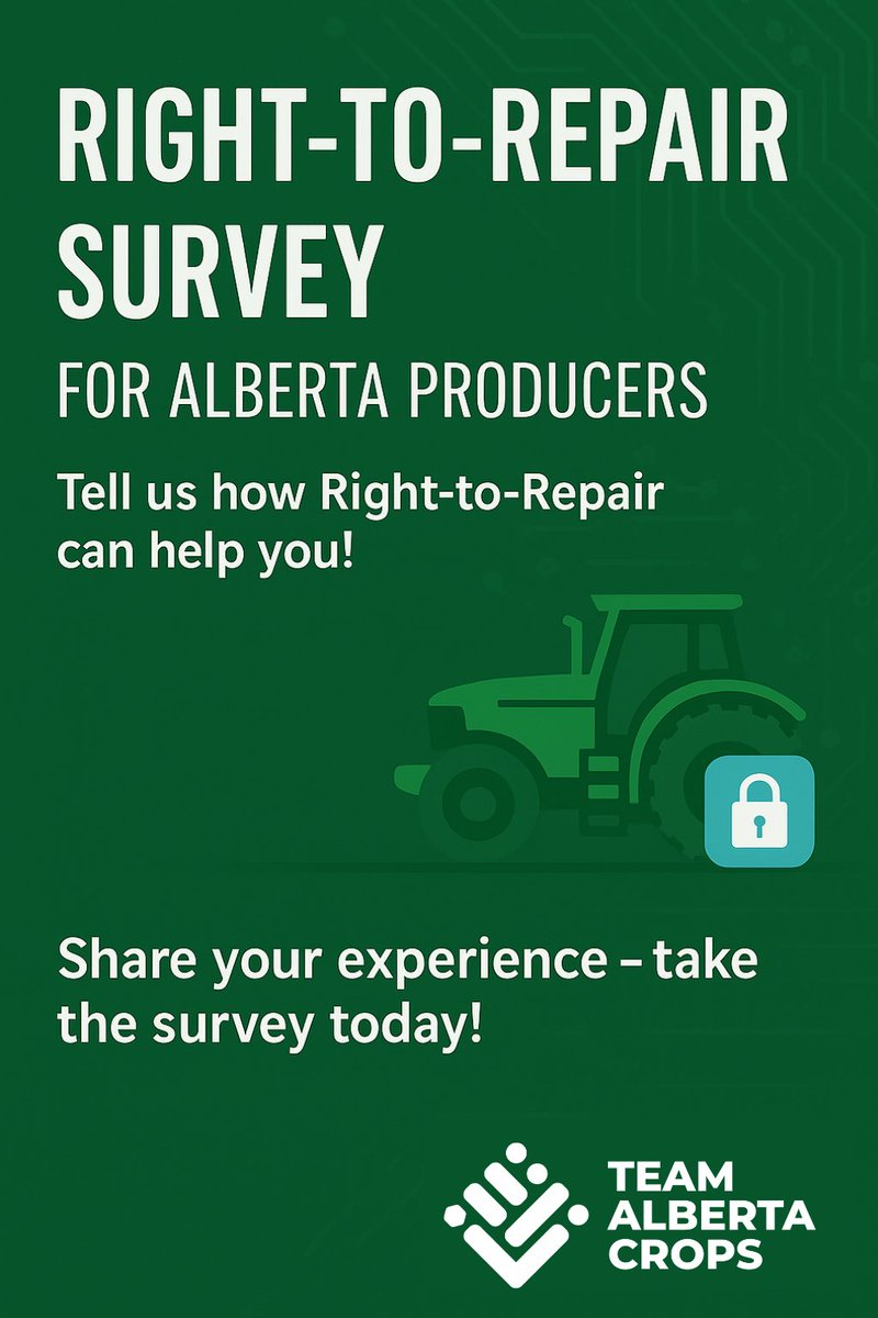Bills C-244 &amp; C-294 changed federal laws to help farmers repair their own gear—but what changes are still needed in Alberta? Team Alberta Crops wants your input.

Share your thoughts in this short survey: bit.ly/43cDZDR

#AbAg #WestCdnAg #RightToRepair
