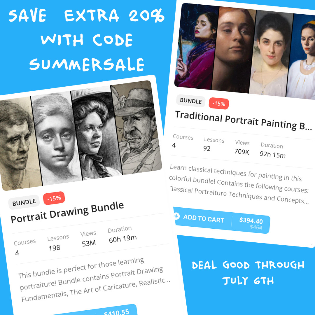 Whether you're drawing or painting the head, aiming for likeness or a caricature, Proko has a course to help you improve your portrait skills.

All our courses are 20% off right now, but this deal ends in a few days. Just use code SUMMERSALE at proko.com/store

Art by