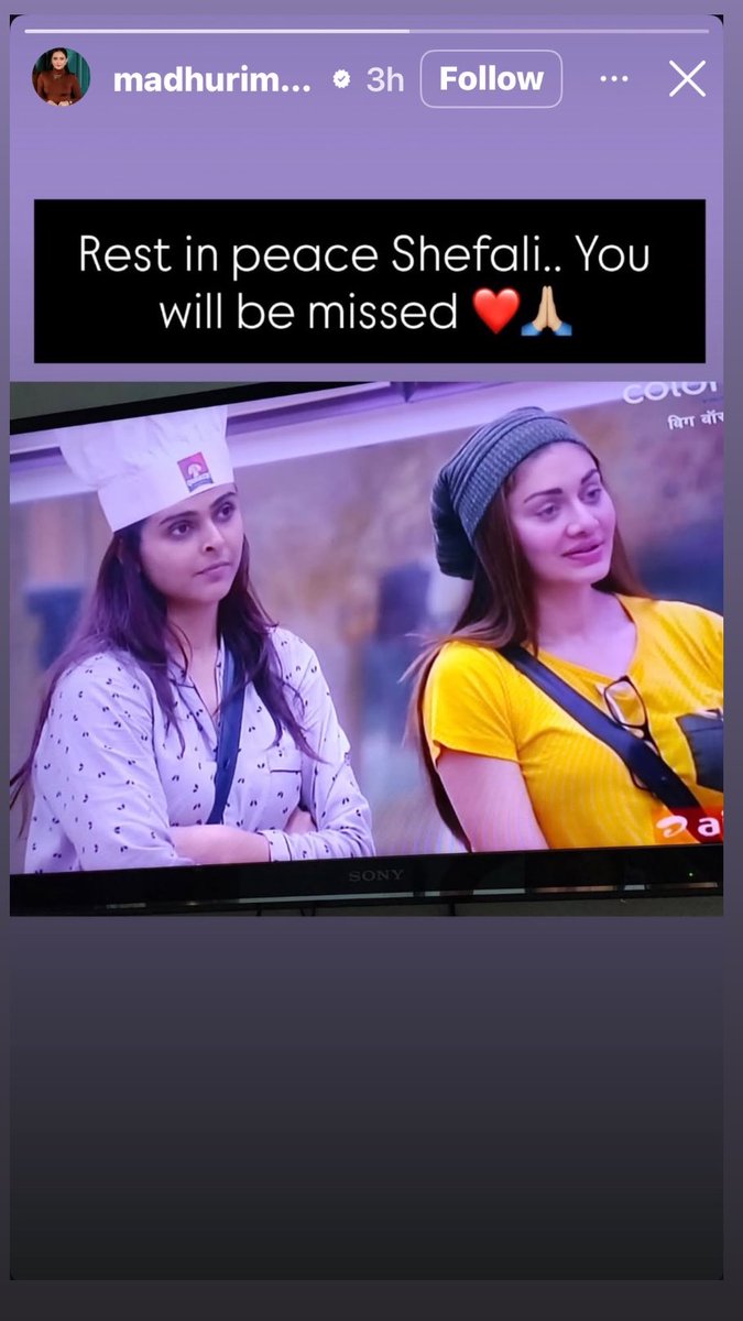 indiaforums's tweet photo. Gone too soon, but never forgotten. Madhurima Tuli remembers her fellow Bigg Boss contestant Shefali with a heartfelt message. “You will be missed,” she writes, honouring the bond they shared inside the house. 🕊️❤️
.
.
.
#ShefaliJariwala #MadhurimaTuli #RIPShefali #BiggBossMemories #GoneTooSoon #HeartfeltTribute #YouWillBeMissed #IndiaForums