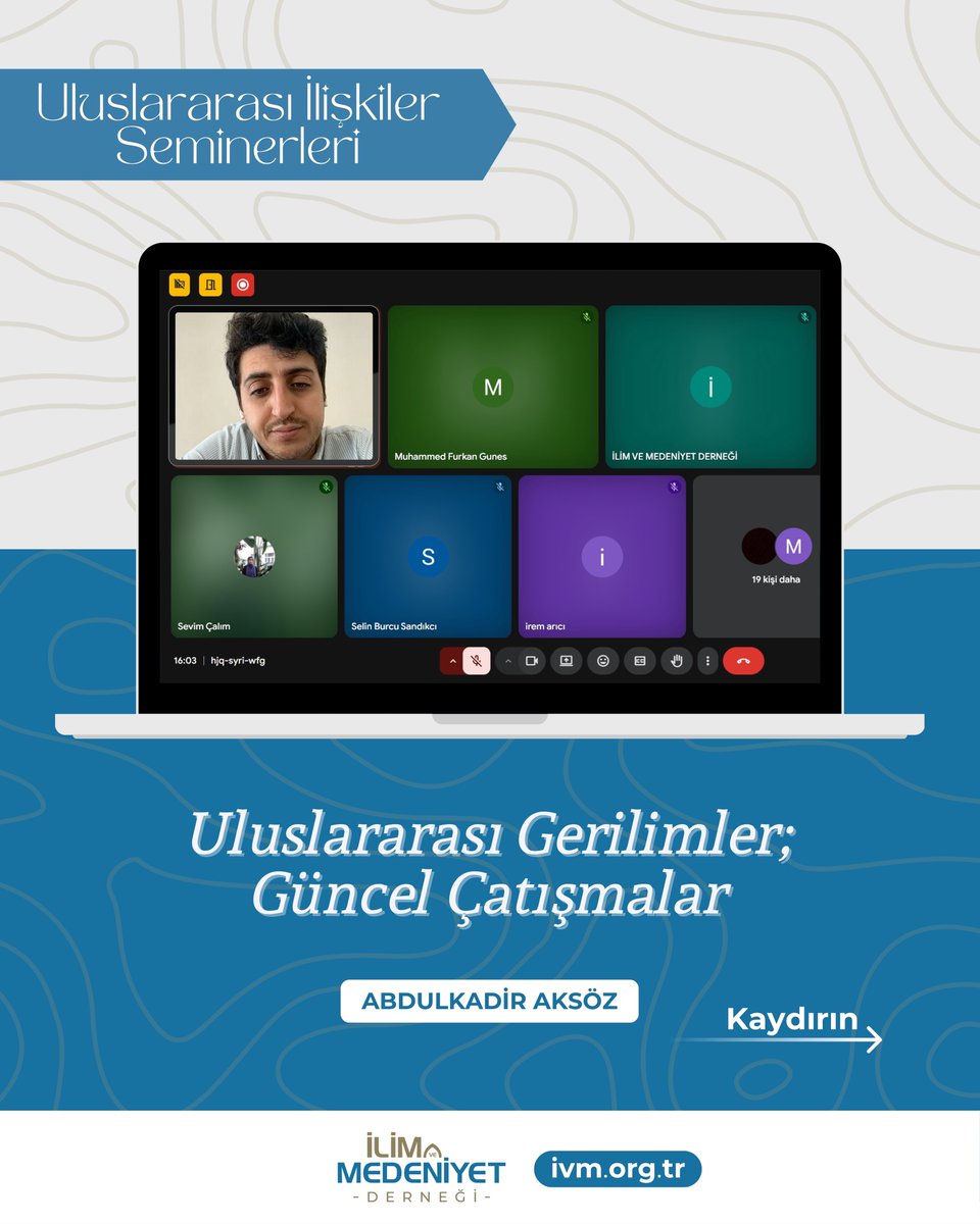 🌍 Uluslararası İlişkiler Seminerleri Başarıyla Tamamlandı!

İlim ve Medeniyet Derneği tarafından organize edilen Uluslararası İlişkiler Seminerleri, 28-29 Haziran 2025 tarihlerinde online olarak başarıyla gerçekleştirildi.

📌 Daha fazla bilgi için: ivm.org.tr