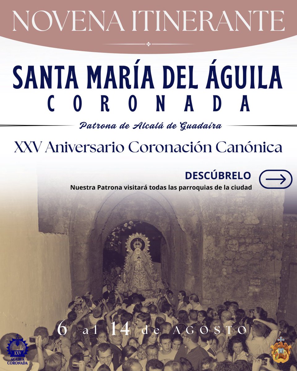 🔵 NOVENA ITINERANTE

Con motivo del XXV aniversario de su Coronación Canónica, la Santísima Virgen del Águila visitará ocho templos alcalareños.

🧵⬇️ Conoce todos los detalles en este hilo.