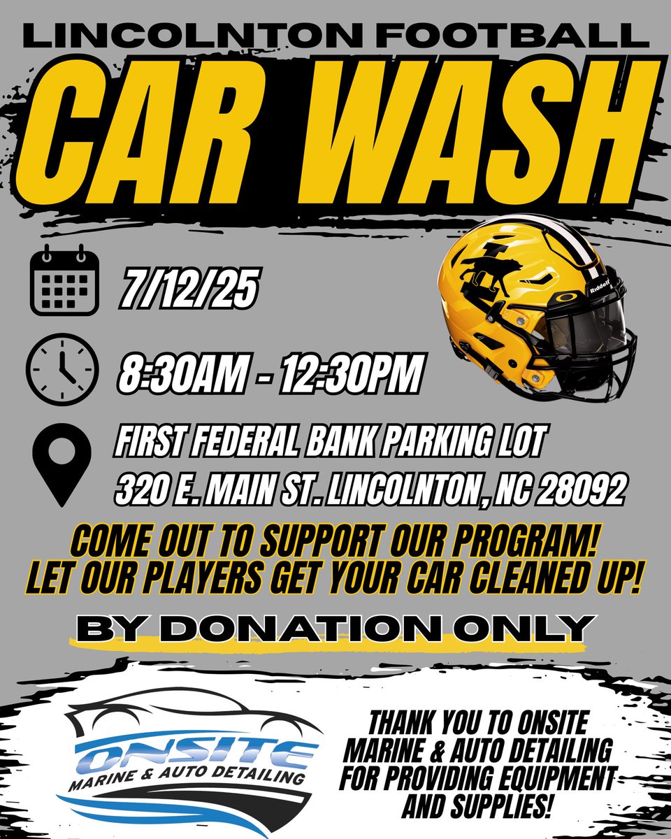 Come out and let our players wash your car! Donation only! See you on the 12th!

📍First Federal Bank Parking Lot
🗓️ 7/12/25
⏰8:30Am - 12:30Pm

Thank you to Onsite Marine and Auto Detailing for helping make this possible by supplying us with needed materials! 

#WolfWay🐺