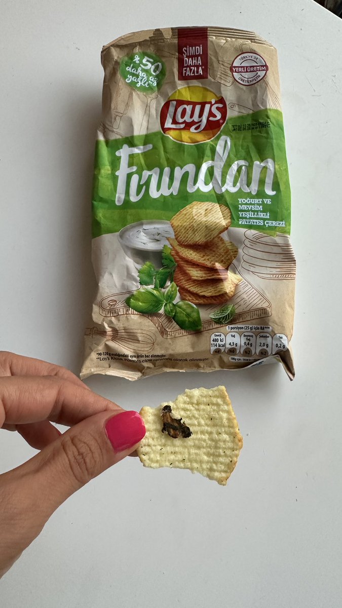 tuucekdi's tweet photo. @laysturkiye proteinli cips üretiminizden haberimiz yoktu! Paket içerisinden çıkan bu böcek hakkında söylemek istedikleriniz var mı? Ya da gelip paketi bu haliyle alıp incelemek ister misiniz? Ben de bu esnada şikayet sürecimi başlatıyorum. https://t.co/4GBKBmwk66
