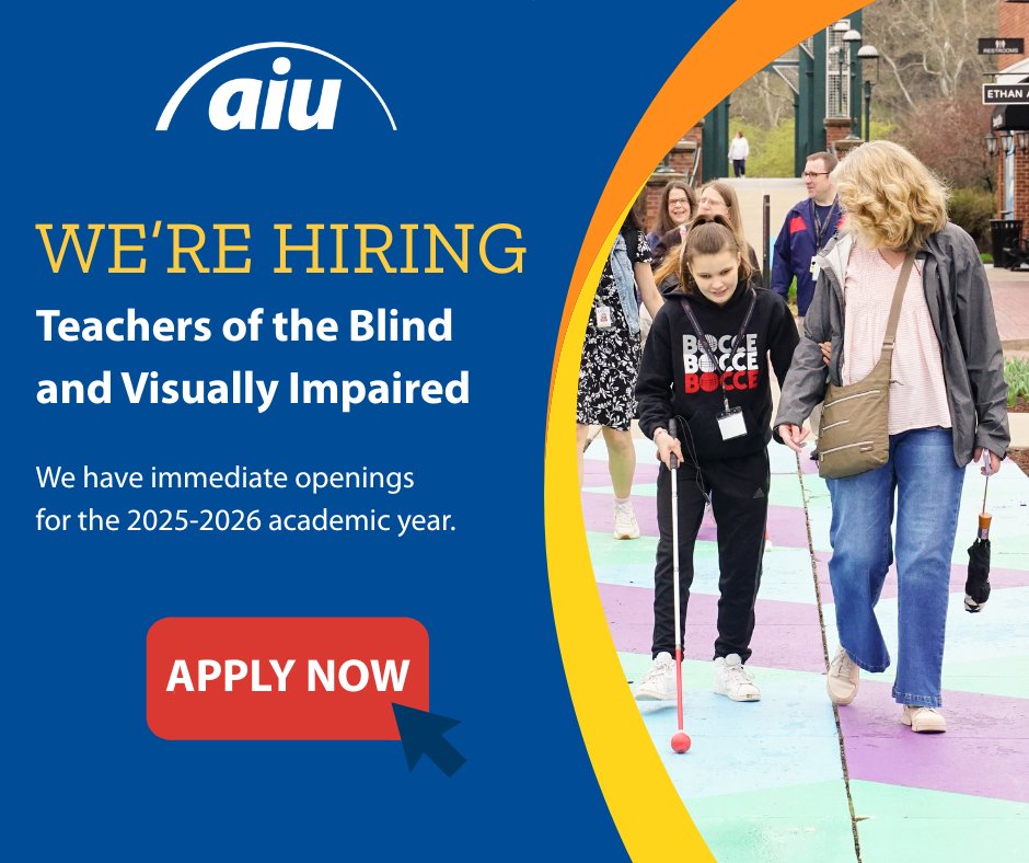 AlleghenyIU's tweet image. The AIU Blind and Visually Impaired Support Program has immediate openings for Teachers of the Blind and Visually Impaired for the 2025-2026 academic year. Apply today! loom.ly/XQCW_dE