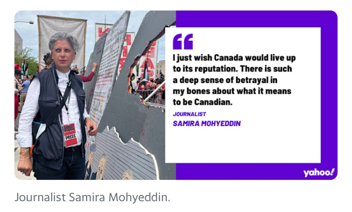Samira Mohyeddin Ψ³Ω
ΫΨ±Ψ§ (@smohyeddin) on Twitter photo I spoke with <a href="/YahooNews/">Yahoo News</a> ahead of Canada Day about what it means to be Canadian at this time.
βWhat we're seeing is the Israeli exception, because if this was any other country, Canada would be leading the charge to stop it.β
π ca.news.yahoo.com/i-wish-canada-β¦ I spoke with <a href="/YahooNews/">Yahoo News</a> ahead of Canada Day about what it means to be Canadian at this time.
βWhat we're seeing is the Israeli exception, because if this was any other country, Canada would be leading the charge to stop it.β
π ca.news.yahoo.com/i-wish-canada-β¦