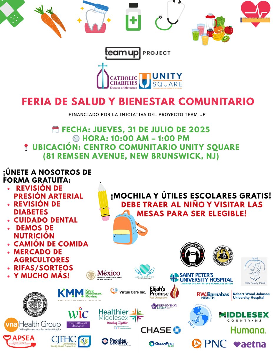 Join Catholic Charities, Diocese of Metuchen for a Community Health and Wellness Fair on Thursday, July 31st, from 10 AM – 1 PM at the Unity Square Community Center, 81 Remsen Ave.
Over 25 vendors offering health resources and screenings. 
Connect and prioritize your well-being!