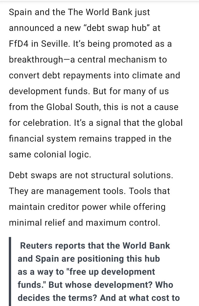 MenaFemM Economic, Development, Ecologic Justice (@menafem) on Twitter photo Debt Swaps Are a False Fix ,Why are Global South countries still asked to bargain for justice?
Read our Reflection on #DebtSwaps #FFD4
As Spain and <a href="/WorldBank/">World Bank</a> just announced a new “debt swap hub” at FfD4 in Seville.
linkedin.com/pulse/debt-swa… Debt Swaps Are a False Fix ,Why are Global South countries still asked to bargain for justice?
Read our Reflection on #DebtSwaps #FFD4
As Spain and <a href="/WorldBank/">World Bank</a> just announced a new “debt swap hub” at FfD4 in Seville.
linkedin.com/pulse/debt-swa…