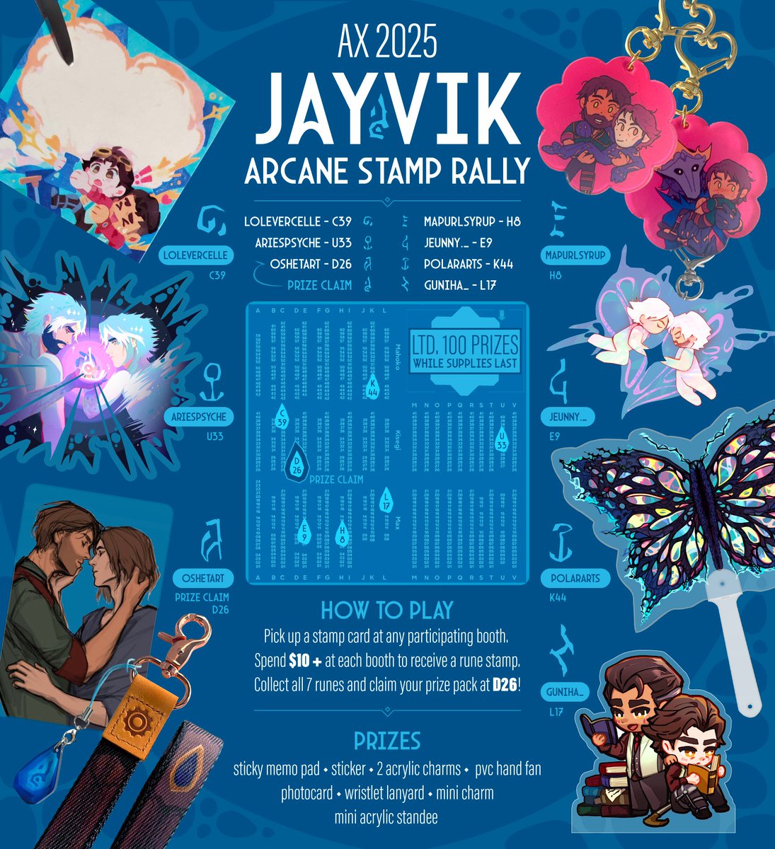 ox_and_free's tweet image. I’m hosting a #jayvik stamp rally this weekend at #ax2025! Rather proud of how the lab note cards turned out, and can’t wait to see all the runes stamped together on completed cards! Check out all the amazing artists and prizes in our lineup~
