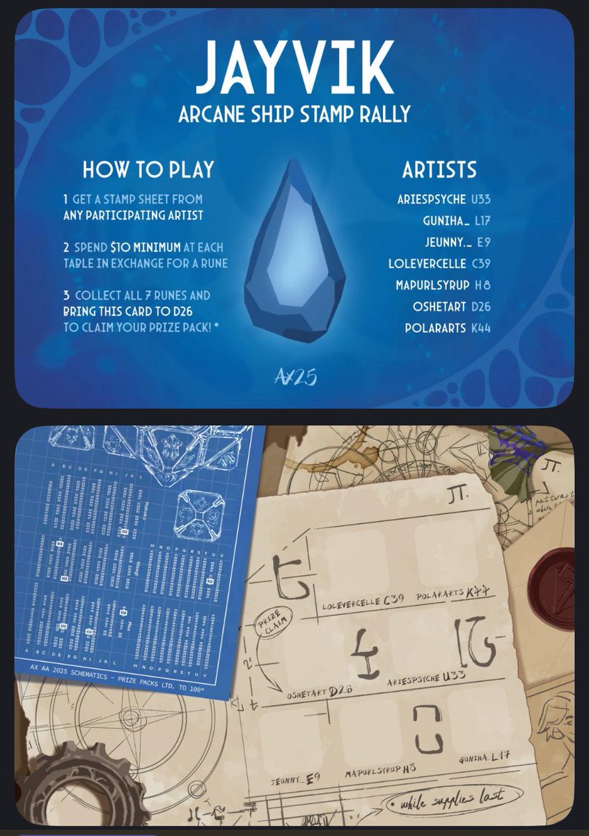 ox_and_free's tweet image. I’m hosting a #jayvik stamp rally this weekend at #ax2025! Rather proud of how the lab note cards turned out, and can’t wait to see all the runes stamped together on completed cards! Check out all the amazing artists and prizes in our lineup~