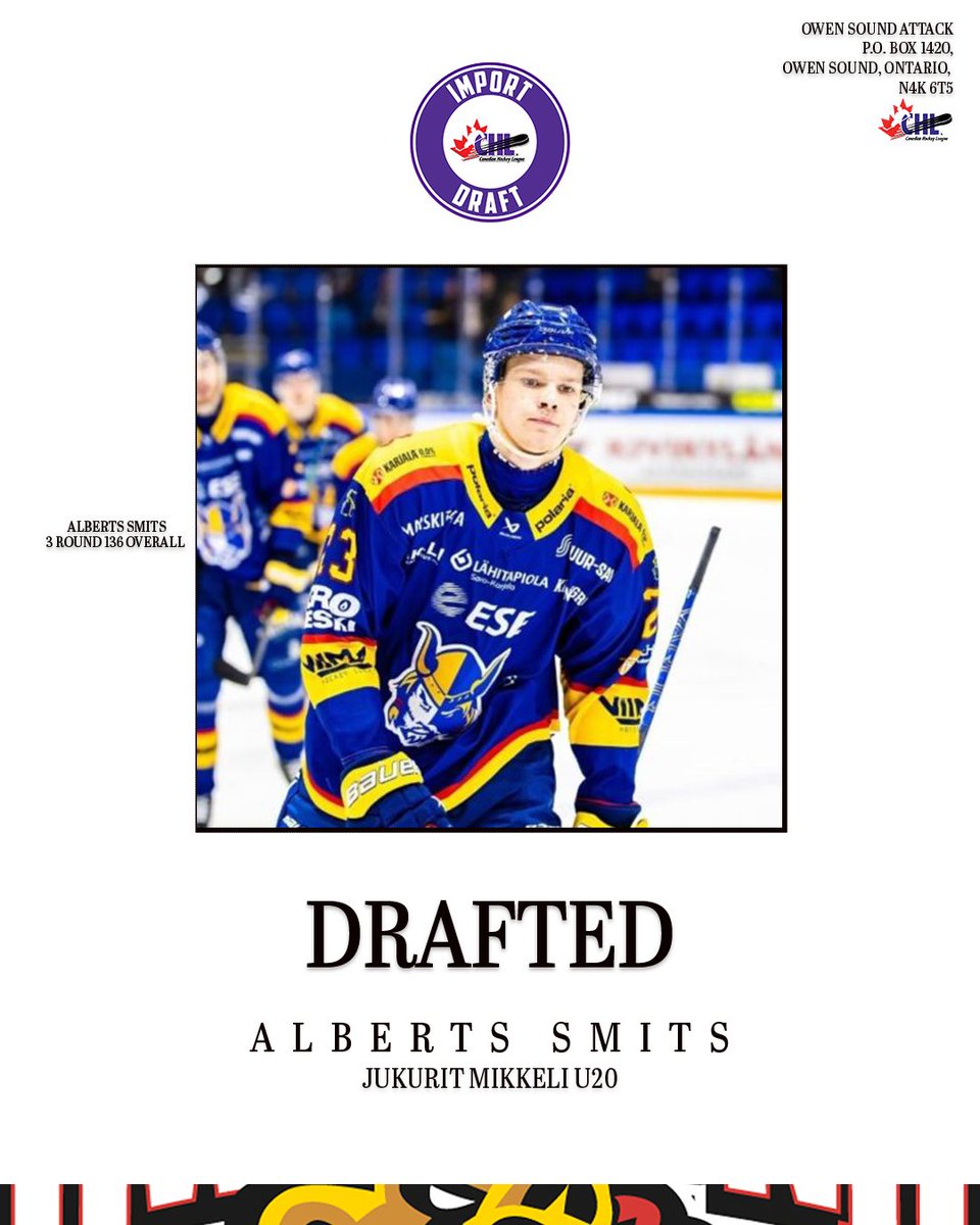 AttackOHL's tweet image. The Owen Sound Attack are proud to select Alberts Smits as their 3 Round Pick 136 overall in the #CHLImportDraft2025 🐻
#AlwaysAttack | #Owensoundattack