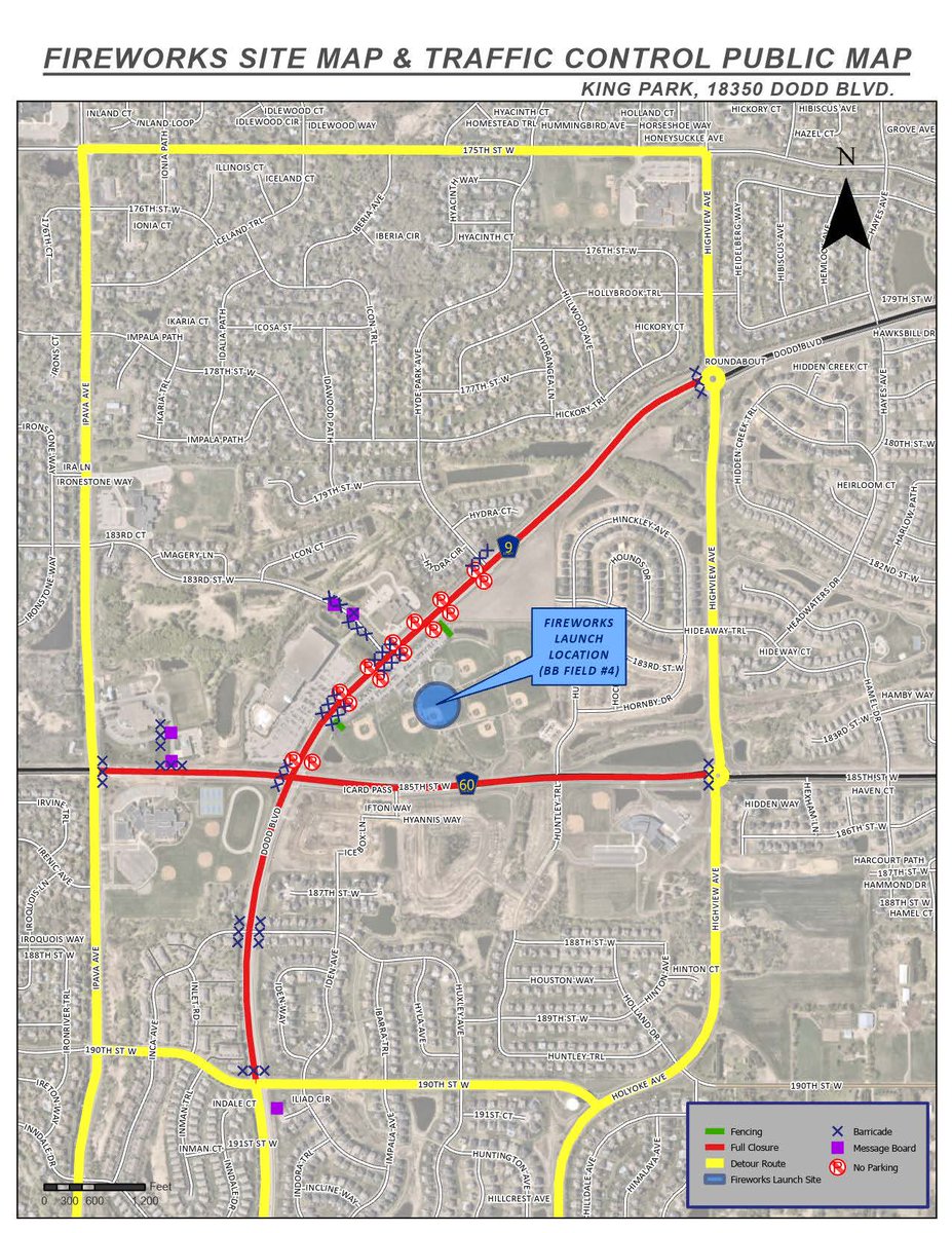 🚨4thOF JULY FIREWORKS ROAD CLOSURES 🚨

📍Map Key:
- Red roads will be closed at the following times:
⏰Closed at 9PM: 185th Street between Ipava and Dodd
⏰Closed at 930PM: 185th Street between Ipava and Highview. AND Dodd from Highview to 190th Street.
