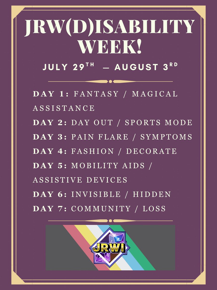 atomicraft__'s tweet photo. JRW(D)ISABILITY WEEK IS BACK!

Jrw(d)isability week is held from July 1st to August 3rd, and it’s a prompt week coinciding with disability pride month to celebrate and bring some love to the disabled characters on the show! 

more info below⬇️ #jrwi #jrwishow #jrwidisabilityweek https://t.co/YplnOxILqL