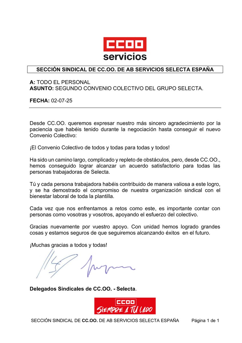 Hoy en la sede de <a href="/ComercioCCOO/">Comercio Servicios CCOO</a> de #LopedeVega, tras ratificar en asamblea de trabajador@s, se ha procedido a la firma del SEGUNDO CONVENIO COLECTIVO DE GRUPO SELECTA.