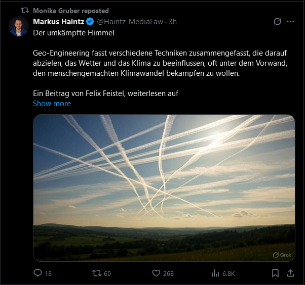 Die Kabarettistin #MonikaGruber teilt mal wieder einen "wisseschaftlich fundierten" (*hüstel) Beitrag von #Haintz-Verblödia, welcher zuerst auf #apolut (Ex-KenFM) erschien zu #GeoEngineering - sprich: #Chemtrails. Autor: Traumatherapeut und Rechtswissenschaftler #FelixFeistel.