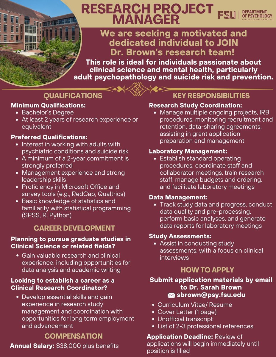 DrSarahLBrown's tweet image. I am hiring a full-time 🌟Research Project Manager! Come join my research lab at FSU studying suicidal processes and developing novel interventions for suicide! Please RT and share with anyone who may be interested!
@PsychologyFSU
@PsychJobs