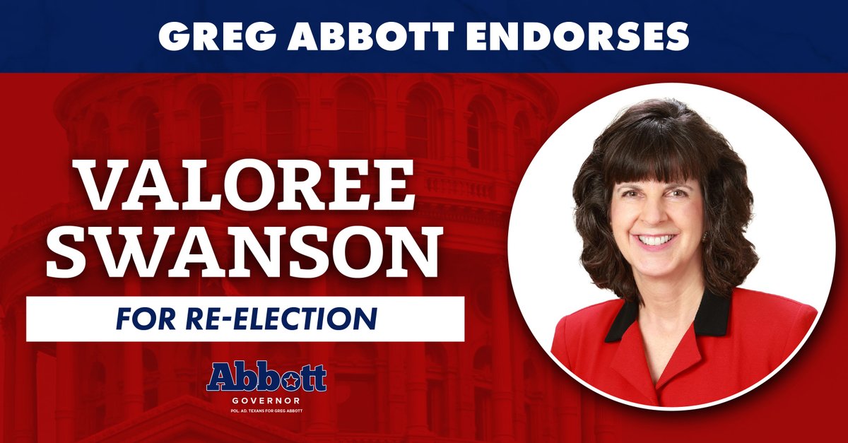 AbbottCampaign's tweet image. Valoree Swanson is the right choice to represent the Spring-Klein-Tomball area. That's why Governor @GregAbbott_TX is endorsing her re-election to HD 150!
Rep. Swanson will continue to secure Texans’ rights by protecting female-only spaces and ensuring our elections are secure.