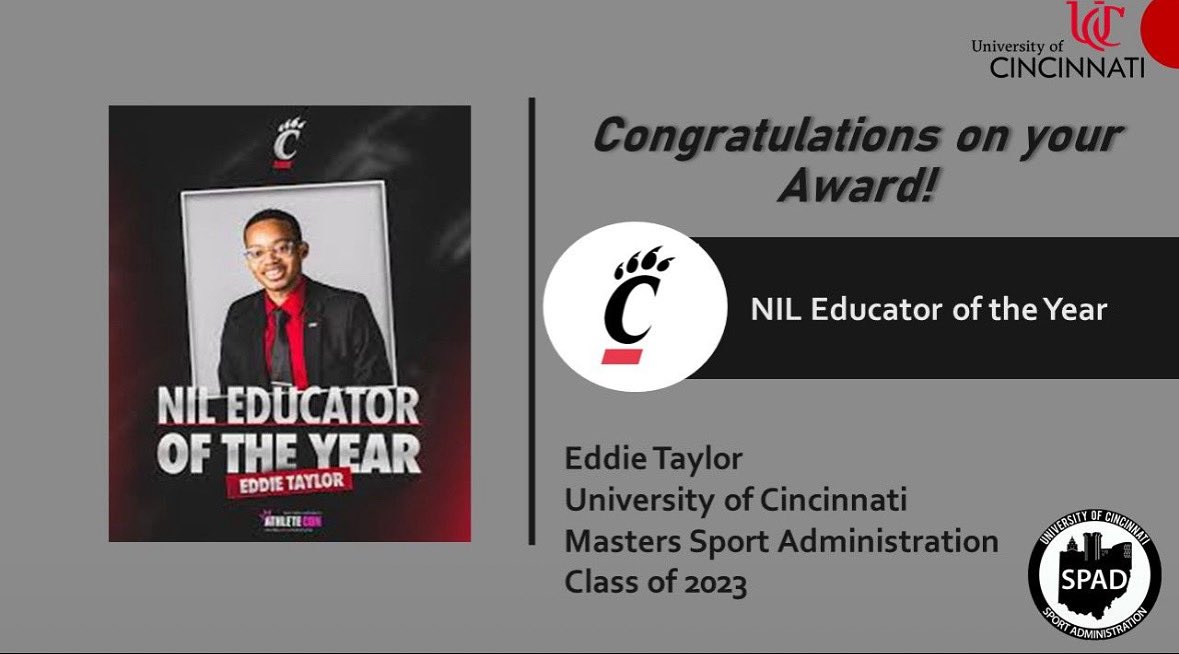 Dr. Dave Kelley-UC; CMAA (@drkelleyuc) on Twitter photo Congrats to <a href="/UC_SPAD/">UC SPAD Program</a> Master’s Class of 2023 Alum Eddie Taylor of the <a href="/GoBEARCATS/">Cincinnati Bearcats</a> Athletic Department on being named NIL Educator of the Year!
Cheers to Eddie for setting the standard and inspiring the next generation of leaders in college athletics. Our Congrats to <a href="/UC_SPAD/">UC SPAD Program</a> Master’s Class of 2023 Alum Eddie Taylor of the <a href="/GoBEARCATS/">Cincinnati Bearcats</a> Athletic Department on being named NIL Educator of the Year!
Cheers to Eddie for setting the standard and inspiring the next generation of leaders in college athletics. Our