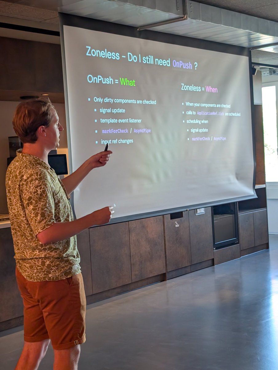 Tomas Trajan (@tomastrajan) on Twitter photo Great #Angular mental model by <a href="/Jean__Meche/">Matthieu Riegler</a> about
zoneless vs OnPush
for Angular change detection
it's NOT either or
zoneless === when Angular runs CD (from app root down), hopefully less often
OnPush === what should be checked once the CD runs
We need both! 🤝🤝🤝 Great #Angular mental model by <a href="/Jean__Meche/">Matthieu Riegler</a> about
zoneless vs OnPush
for Angular change detection
it's NOT either or
zoneless === when Angular runs CD (from app root down), hopefully less often
OnPush === what should be checked once the CD runs
We need both! 🤝🤝🤝