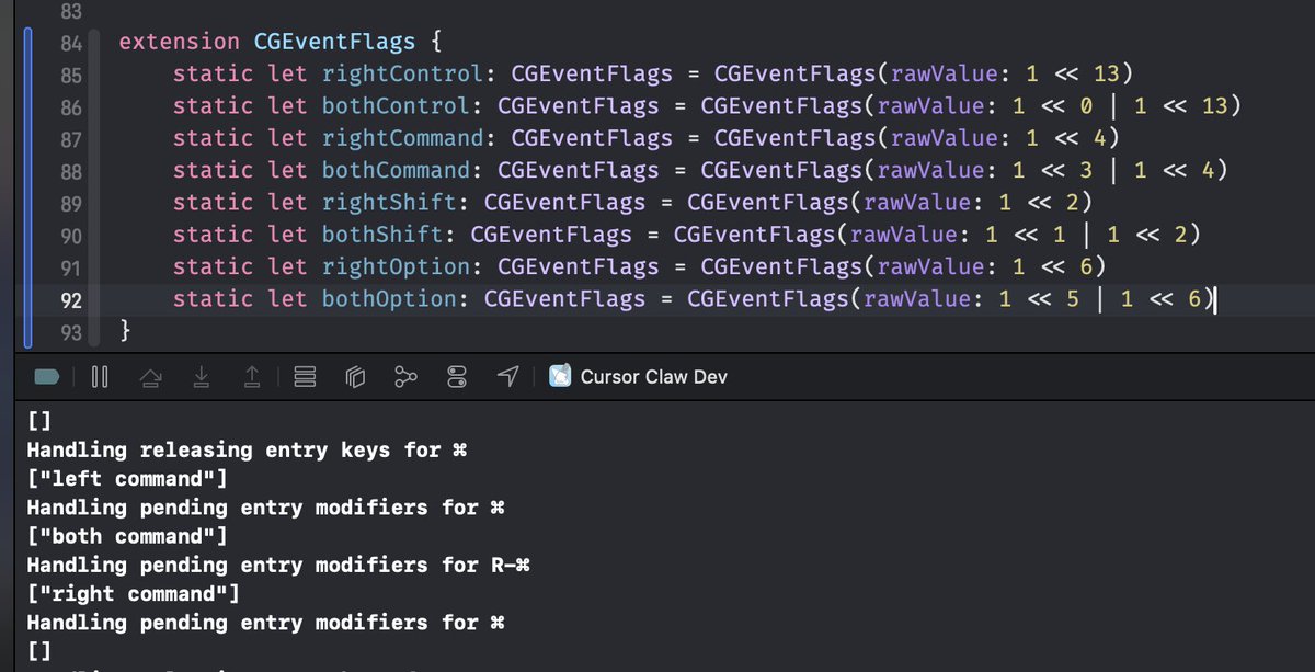 发现 CGEventFlags 是可以判断左右修饰键的