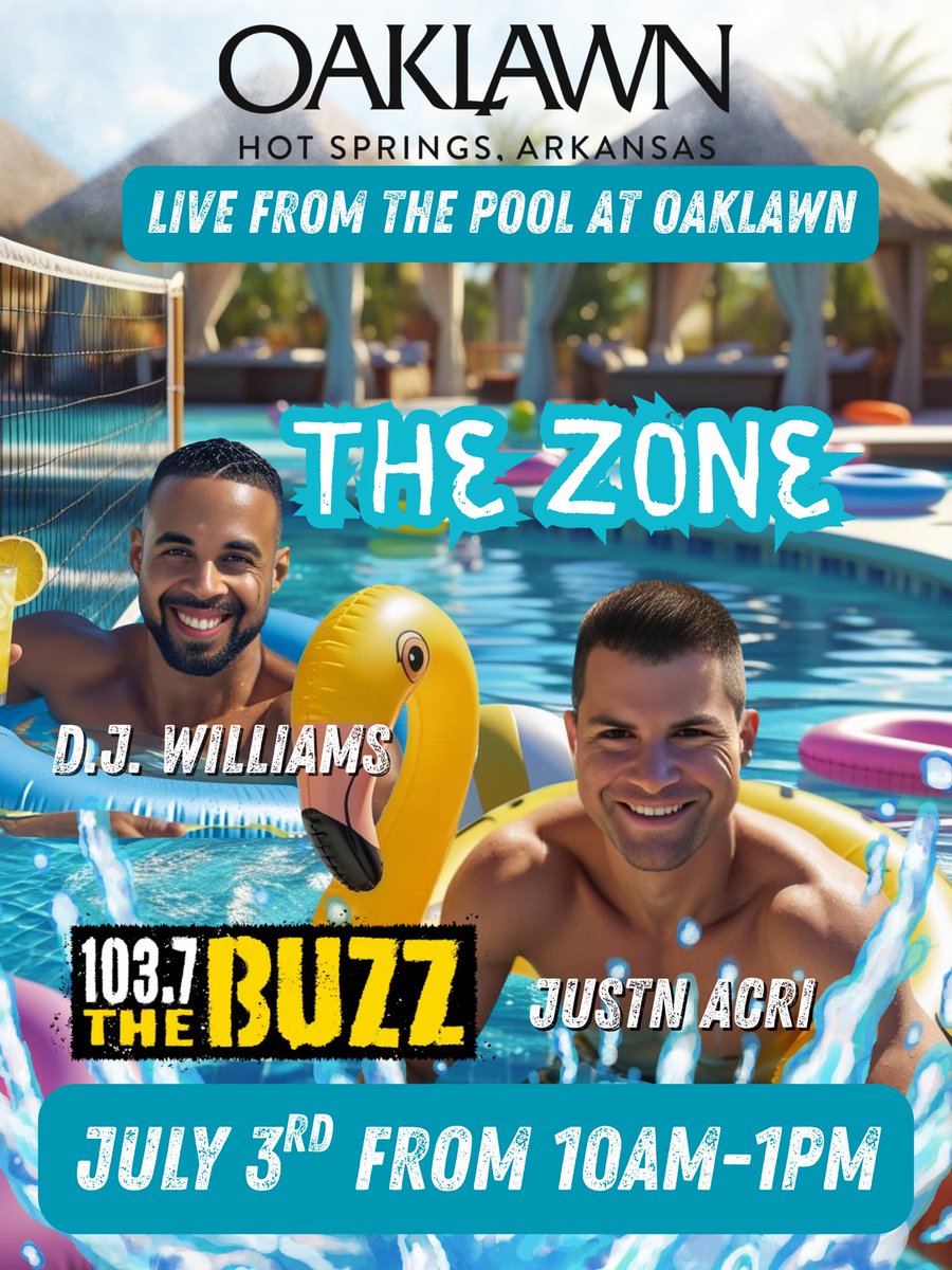 103.7 The Buzz (@1037thebuzz) on Twitter photo Tomorrow, join DJ and Justin in Hot Springs…taking The Zone poolside at Oaklawn Hot Springs.
<a href="/dj45williams/">D.J. Williams</a> <a href="/JustinAcri7/">Justin Acri</a> <a href="/OaklawnRacing/">Oaklawn Hot Springs</a> <a href="/ZGillham/">Zack Gillham</a> Tomorrow, join DJ and Justin in Hot Springs…taking The Zone poolside at Oaklawn Hot Springs.
<a href="/dj45williams/">D.J. Williams</a> <a href="/JustinAcri7/">Justin Acri</a> <a href="/OaklawnRacing/">Oaklawn Hot Springs</a> <a href="/ZGillham/">Zack Gillham</a>