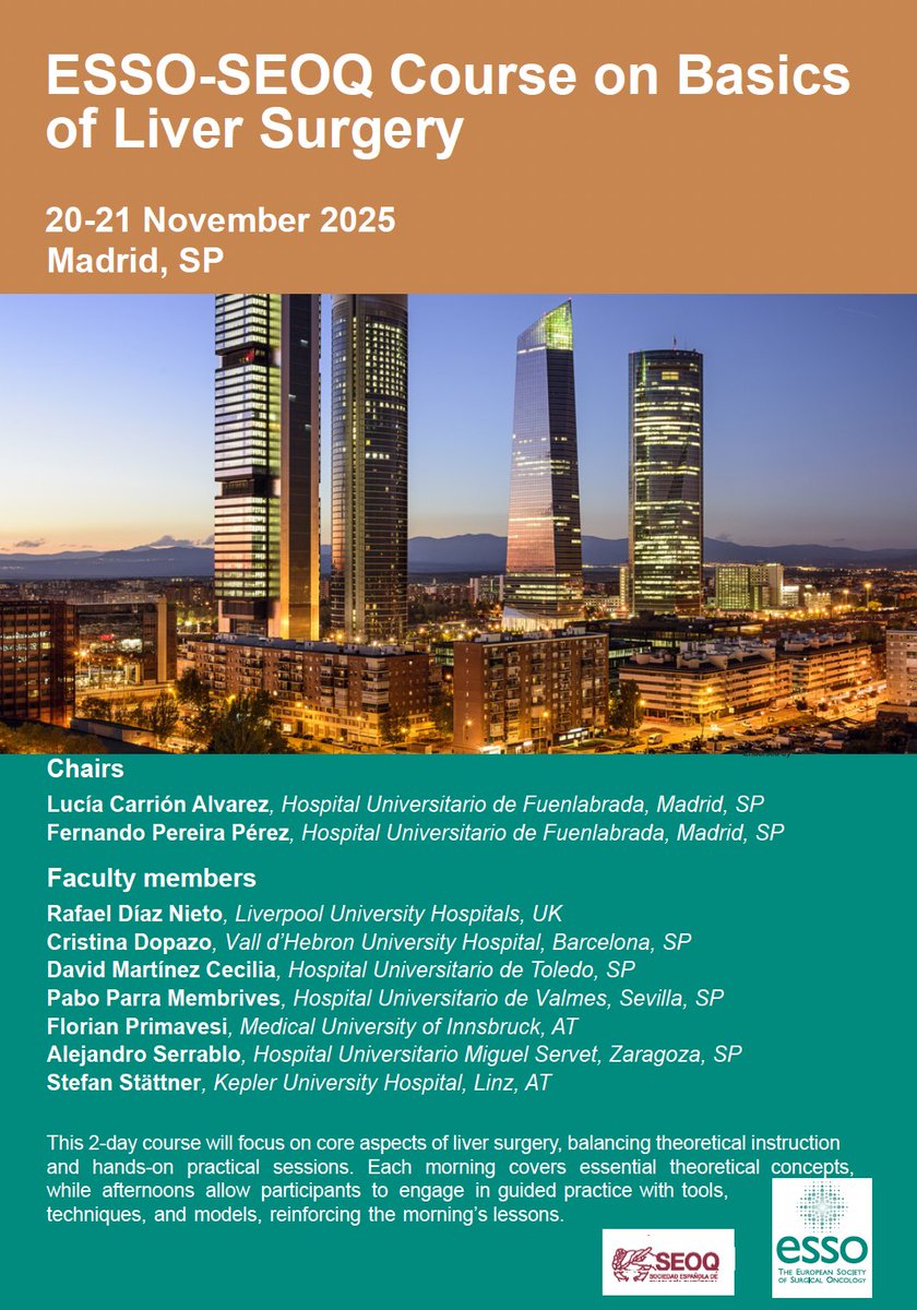Lucia Carrion-Alvarez (@luciacarriona) on Twitter photo 🚨 Join us in Madrid this Nov for ESSO-SEOQ Course on Basics of Liver Surgery!
👌🏼Senior residents & young HPB surgeons.
Hands-on & theoretical training with🔝 faculty 🇬🇧🇦🇹🇪🇸
👉 Limited spots – don’t miss it!
<a href="/FPrimavesi/">Florian Primavesi</a> <a href="/cdopazo1/">Cristina Dopazo</a> <a href="/Serrablohpb/">Alejandro Serrablo</a>
<a href="/operarelcancer/">SEOQ | Los cirujanos del cáncer #operarelcancer</a> #HPB #SurgTraining 🚨 Join us in Madrid this Nov for ESSO-SEOQ Course on Basics of Liver Surgery!
👌🏼Senior residents & young HPB surgeons.
Hands-on & theoretical training with🔝 faculty 🇬🇧🇦🇹🇪🇸
👉 Limited spots – don’t miss it!
<a href="/FPrimavesi/">Florian Primavesi</a> <a href="/cdopazo1/">Cristina Dopazo</a> <a href="/Serrablohpb/">Alejandro Serrablo</a>
<a href="/operarelcancer/">SEOQ | Los cirujanos del cáncer #operarelcancer</a> #HPB #SurgTraining