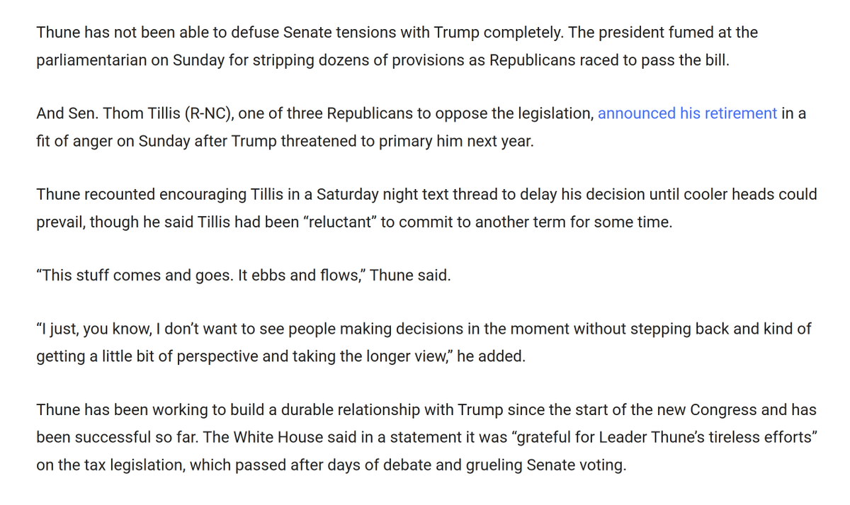 More from our Thune interview &amp; how he found harmony w/Trump on OBBB. On unexpected casualty of Tillis dropping reelex, Thune's message to him &amp; others who feud w/Trump—"This stuff comes &amp; goes. It ebbs &amp; flows"

(Also Thune does a decent Trump impression)
washingtonexaminer.com/news/senate/34…