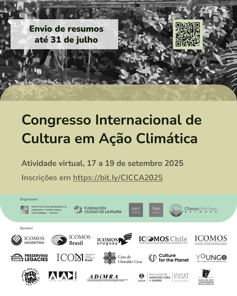 Iniciativa Patrimonio y Cambio Climático (@pacc_fops) on Twitter photo Congresso Internacional de Cultura em Ação Climática
Atividade virtual, 17 a 19 de setembro de 2025
🗓️Envio de resumos em espanhol, português e inglês até 31 de julho
Mais informações em even3.com.ar/e/congreso-int…
#CICCA2025 #CongressoInternacional #Cultura #AçãoClimática Congresso Internacional de Cultura em Ação Climática
Atividade virtual, 17 a 19 de setembro de 2025
🗓️Envio de resumos em espanhol, português e inglês até 31 de julho
Mais informações em even3.com.ar/e/congreso-int…
#CICCA2025 #CongressoInternacional #Cultura #AçãoClimática