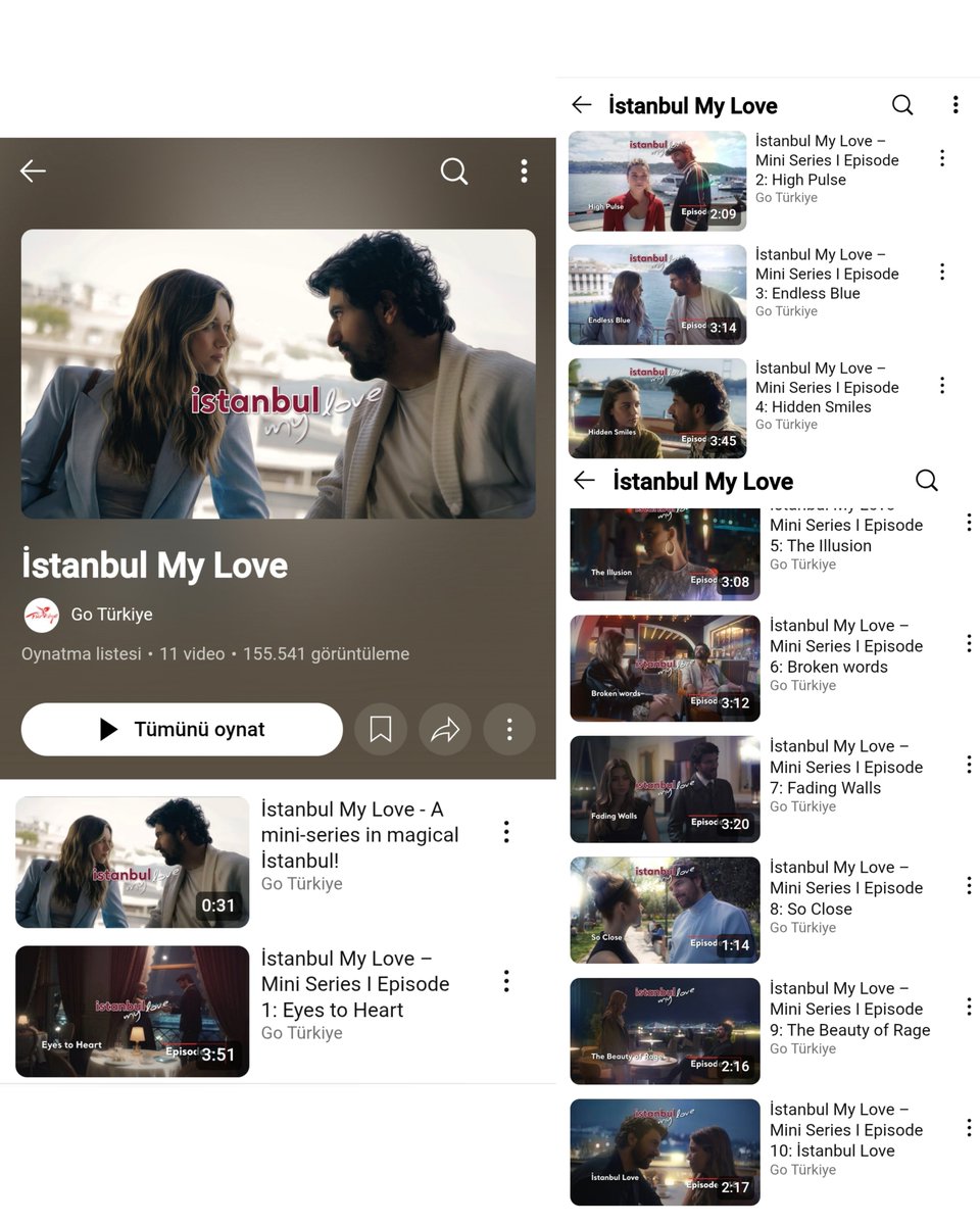 Türkiye'yi popülerleştirme projesi çerçevesinde İstanbul’un güzel mekanlarında #EnginAkyürek ve #AfraSaraçoğlu ile çekilen her biri 2-3 dakikalık 10 bölümden oluşan mini dizi #İstanbulMyLove Go Türkiye'nin YouTube kanalında yayında✨

Diziyi izlemek için➡️ youtube.com/playlist?list=…