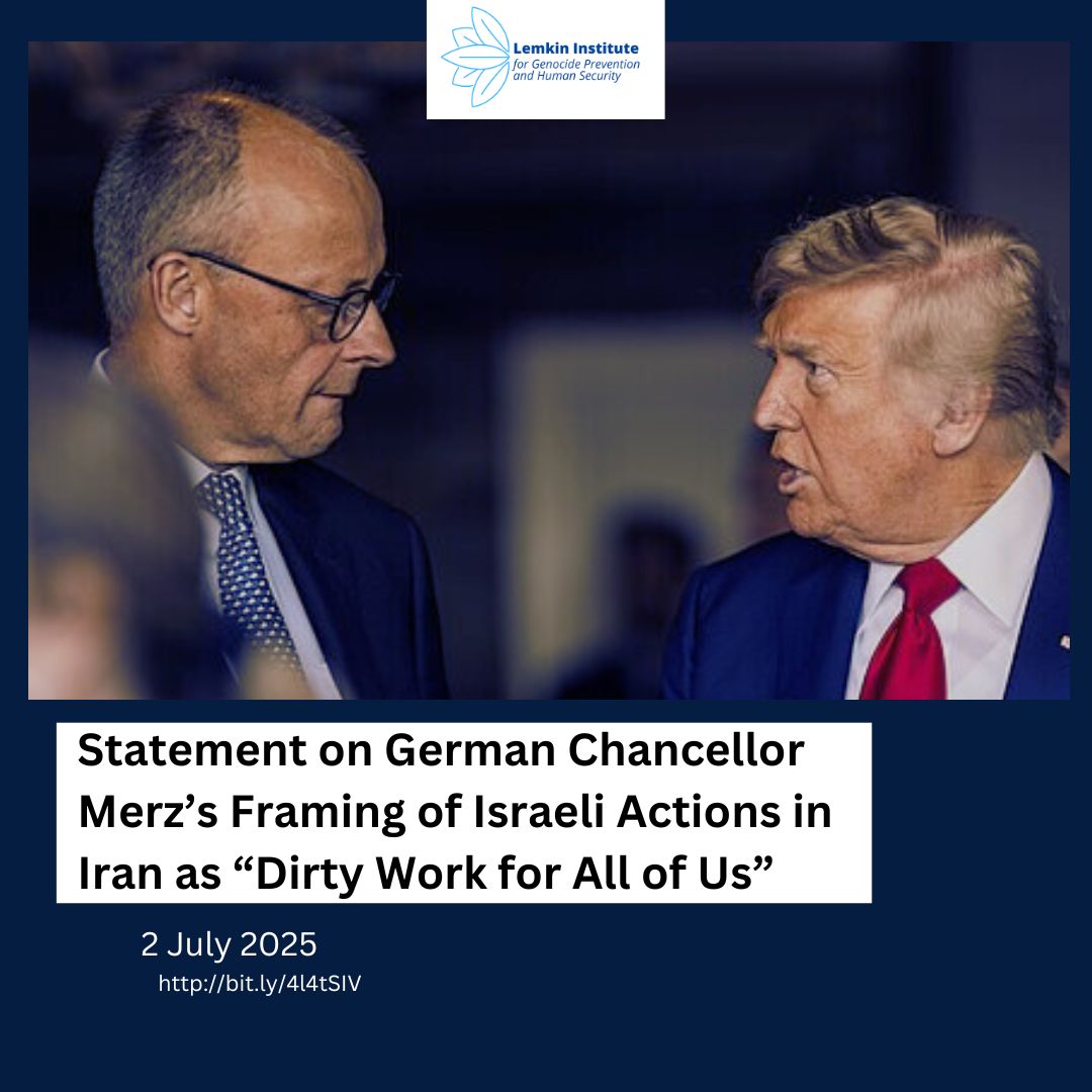 LemkinInstitute's tweet image. The Lemkin Institute for Genocide Prevention and Human Security condemns the statement made by German Chancellor Friedrich Merz on 18 June 2025 while speaking with the German broadcaster ZDFheute. Merz claimed that Israel "is doing the dirty work for all of us," referring to the…