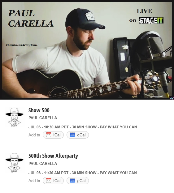 And This Sunday! 💙🤗🎶
On <a href="/Stageit/">StageIt</a> 
For the 500th Stageit Show!! &amp; Afterparty...!
#CaptainsArmy

Get Tickets @ 🔗stageit.com/Paul_Carella