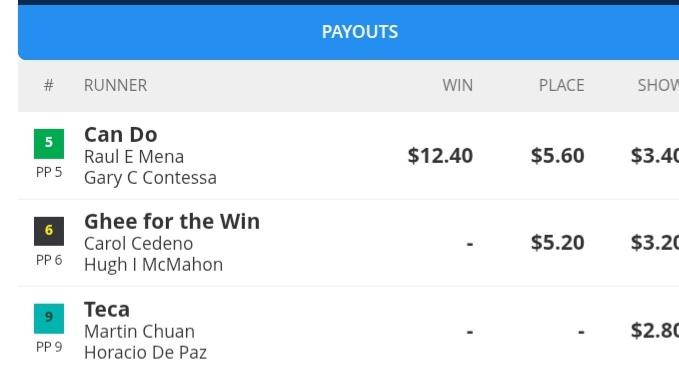 There was a guy who said if the weather was clear, Can Do. <a href="/BellGableStable/">Bell Gable Stable</a> <a href="/GaryContessa/">Gary Contessa</a> .
With Raul Mena astride <a href="/AbelCastellano_/">Abel Castellano</a> 
<a href="/DelParkRacing/">Delaware Park</a> <a href="/StantonSalter/">Stanton Salter</a>