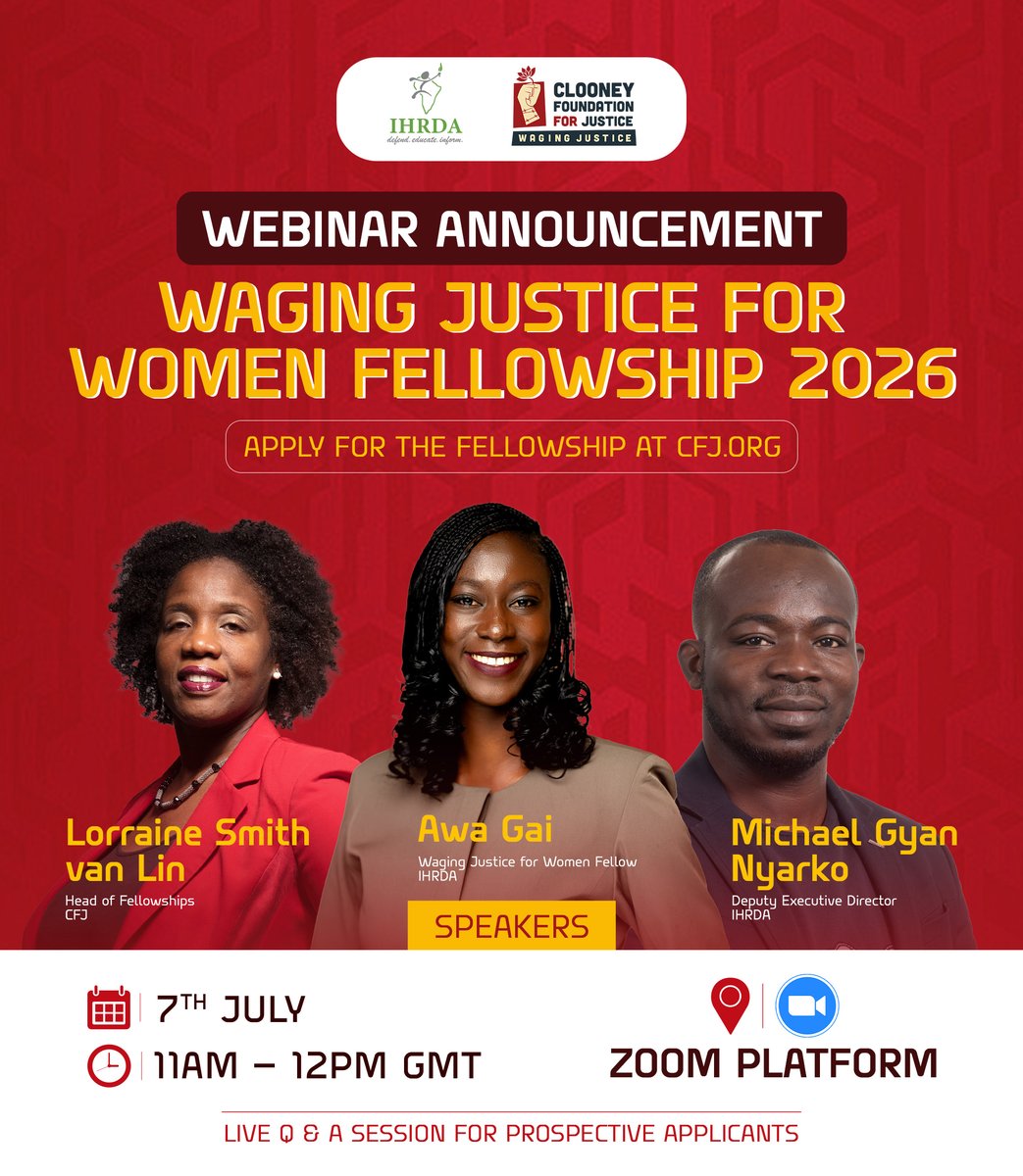 📣 WEBINAR ANNOUNCEMENT 

Thrilled to announce a webinar in partnership with <a href="/ClooneyFDN/">Clooney Foundation for Justice</a> for prospective applicants of the 2026 Waging Justice for Women Fellowship on Monday 7 July from 11am to 12pm GMT!
👉 Register now to join the webinar: us06web.zoom.us/meeting/regist…

#WJWFellowship