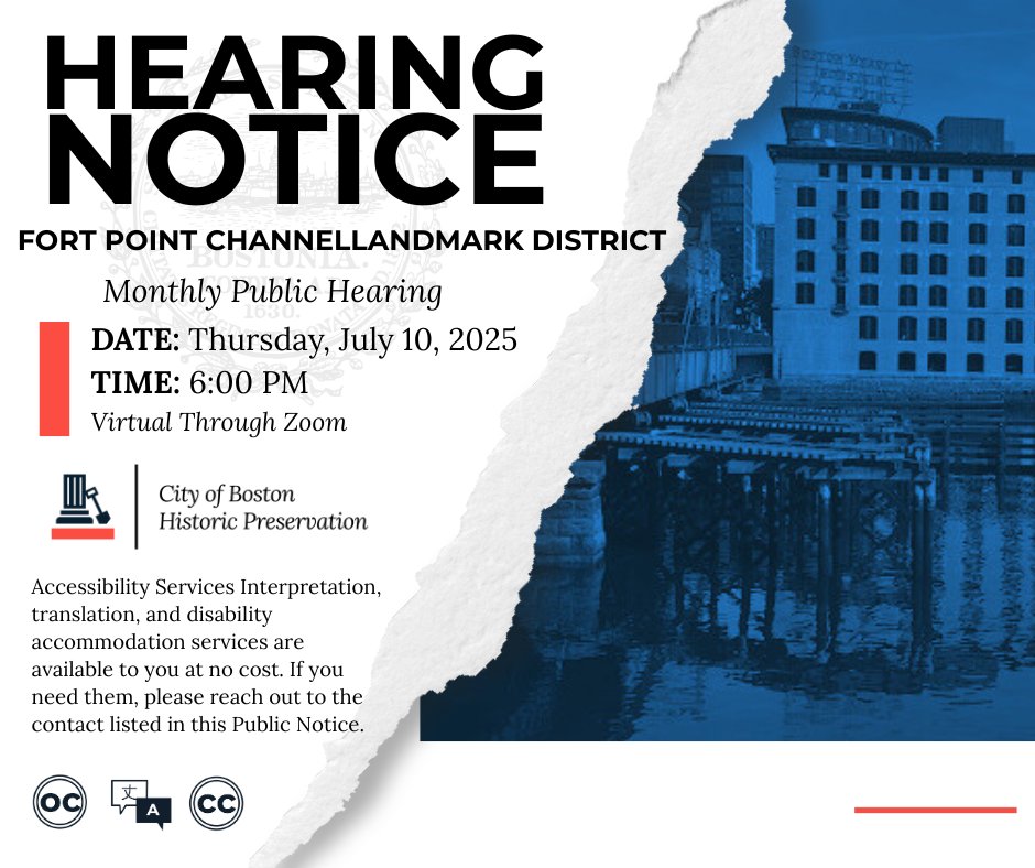 BostonLandmarks's tweet image. The Fort Point Channel Landmark District Commission will hold its next meeting virtually on Thursday, July 10, 2025 at 6pm. Details: ow.ly/bGPN50WjUfo
#BLC #BostonLandmarks #bostonlandmark #FPCLDC #PublicNotice #historicpreservation