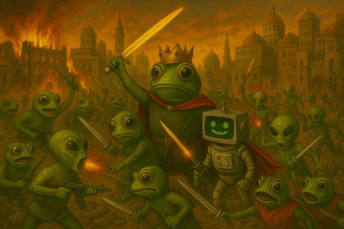 realGloink's tweet photo. The Battle for Planet Gloink has begun. 🐸⚔️ Alien rebels clash with the frog army in the heart of the empire’s capital. Gloink fights to keep control. Will he reign or fall?
#Gloink #FrogEmpire #IntergalacticWar #MemecoinLore #AlienVsFrog #OnChainChaos #PumpFun #Solana https://t.co/UBYCNgyEhF