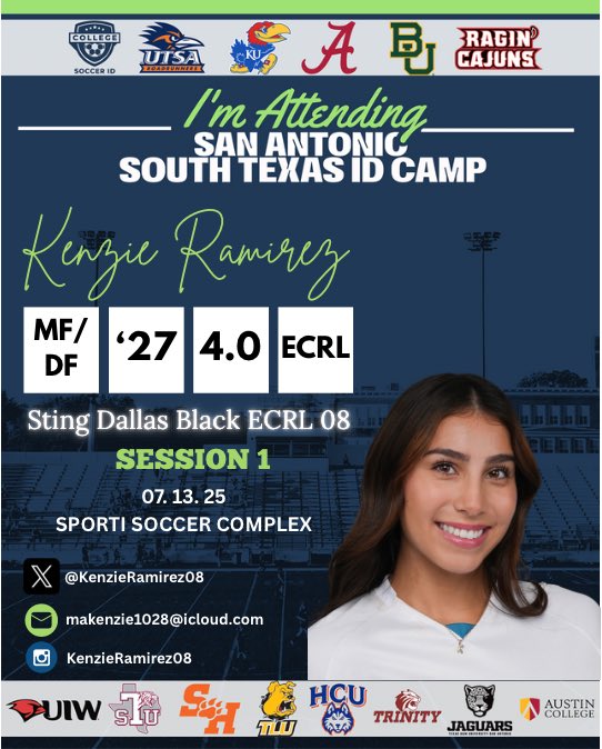 Kenzie Ramirez 2027 (@kenzieramirez08) on Twitter photo Looking forward to the <a href="/CollegeSoccerID/">College Soccer ID</a> camp in San Antonio on July 13th!
<a href="/ECNL_RL_08/">Sting Black 08/07 ECNL RL</a> <a href="/ImYouthSoccer/">ECNL/GA/Recruiting/College Soccer</a> <a href="/PrepSoccer/">Prep Soccer ⚽️</a> <a href="/50_50Pod/">The 50/50 Podcast ⚽️🎙</a> <a href="/TheSoccerWire/">SoccerWire</a> <a href="/TopDrawerSoccer/">TopDrawerSoccer</a> <a href="/PrepSoccerTX/">Prep Soccer Texas</a> Looking forward to the <a href="/CollegeSoccerID/">College Soccer ID</a> camp in San Antonio on July 13th!
<a href="/ECNL_RL_08/">Sting Black 08/07 ECNL RL</a> <a href="/ImYouthSoccer/">ECNL/GA/Recruiting/College Soccer</a> <a href="/PrepSoccer/">Prep Soccer ⚽️</a> <a href="/50_50Pod/">The 50/50 Podcast ⚽️🎙</a> <a href="/TheSoccerWire/">SoccerWire</a> <a href="/TopDrawerSoccer/">TopDrawerSoccer</a> <a href="/PrepSoccerTX/">Prep Soccer Texas</a>