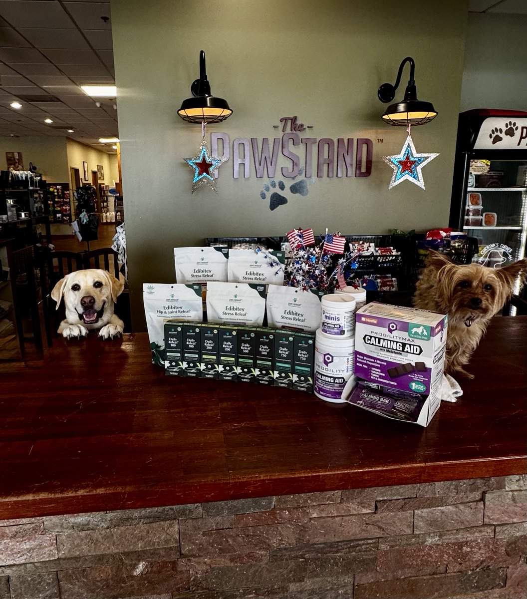 ThePawStand's tweet photo. PJ &amp; Pancho say: don’t let fireworks ruin the 4th! 🎆
@petreleaf  &amp; @nootie  Progility calming aids (treats or oils) are in stock &amp; ready to help your pup chill. 🐶💤
⚠️ We’re closed Friday for the holiday.
🎯 Reopen Saturday—normal hours!
#ThePawStand #Doraville #CalmPups https://t.co/M6LZcFkaLs