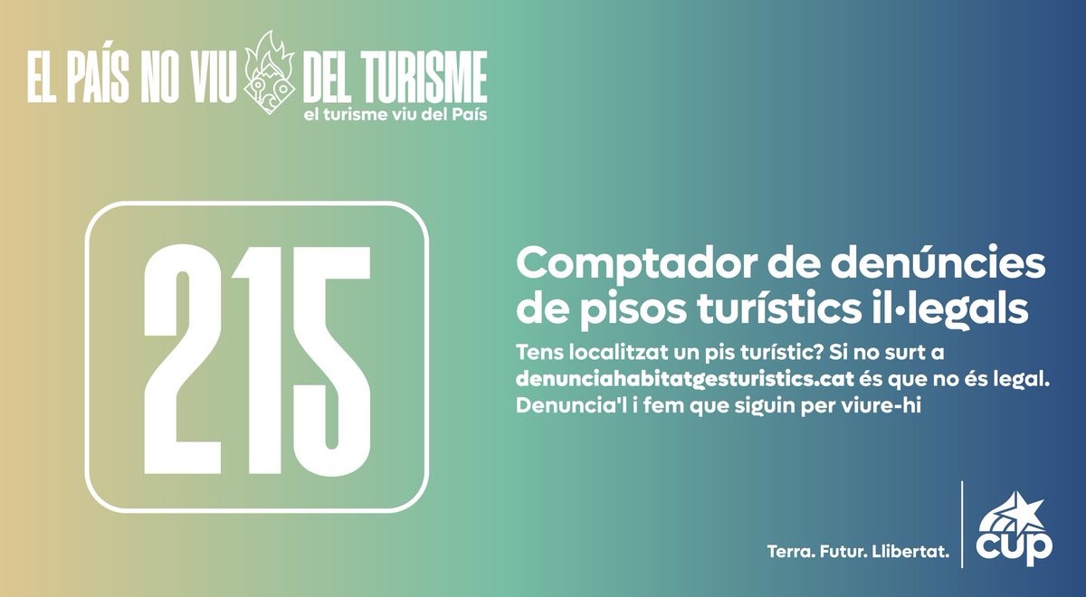 Tens localitzat un pis turístic? Comprova a denunciahabitatgesturistics.cat si és legal. Si no el trobes, DENUNCIA

5⃣ dies amb la web publicada i ja hem rebut 2⃣1⃣5⃣ denúncies de pisos turístics il·legals

PROU d’aquests Turisme que no ens deixa viure!
