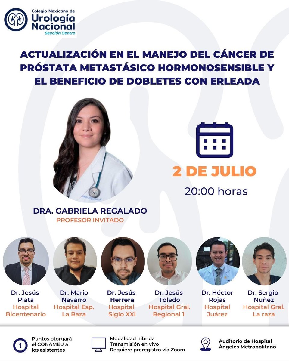 La Sesión Académica nos espera con el tema: Actualización en el manejo del cáncer de próstata metastásico hormonosensible y el beneficio de dobletes con erleada. 

Nos vemos hoy en el Auditorio del Hospital Ángeles Metropolitano a las 20:00

#SaludUrológica #CuidadoUrologico