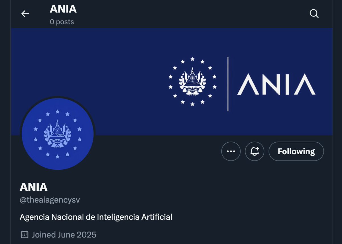 Must follow 👉 <a href="/theaiagencysv/">ANIA</a> 

El Salvador is leading the world in AI policy. 

We are transforming El Salvador into a global hub of tech and innovation with the absolute best environment for builders and entrepreneurs. 

And it is all being led by the National AI Agency: