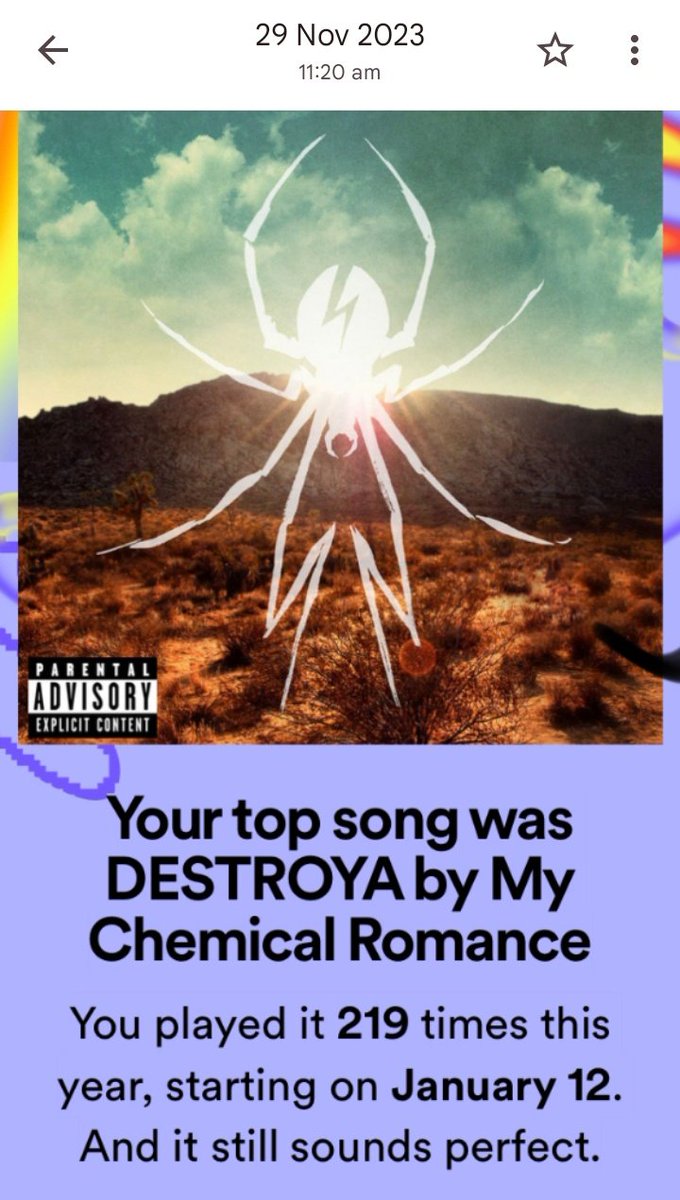 Gm everyone I'm here to brag that destroya was my top 1 song on my 2023 wrapped 
Ok that's it, that's the post