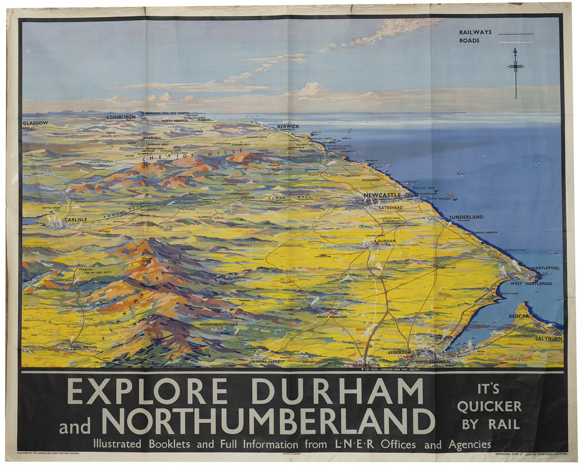 robertneuk's tweet image. At auction, an LNER poster "Explore Durham and Northumberland", designed by Montague Black (1884-1964).
50" by 40".
Black was an illustrator and poster artist producing work for several railway companies.
Image: G.W. Railwayana Auctions