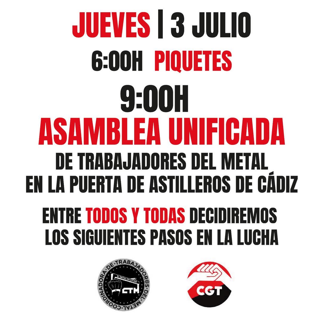 Esta huelga es imparable. Frente al chantaje patronal y la represión, el ejemplo de dignidad obrera vencerá. Todos a la Asamblea Unificada de mañana jueves. ¡Ni un paso atrás!

#HuelgaDelMetalCádiz